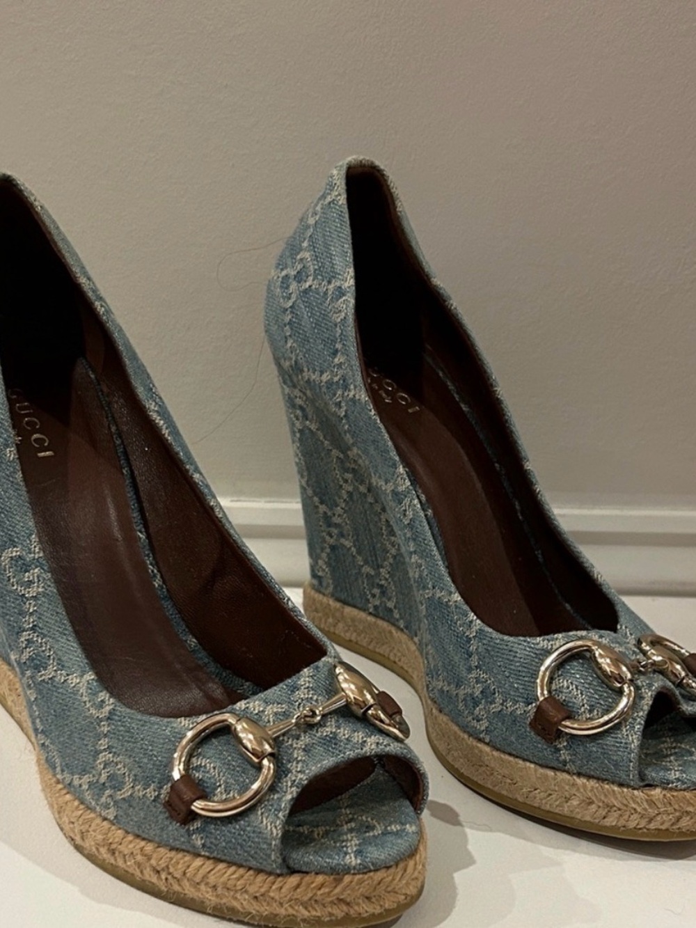Gucci Blue Denim Logo Wedge Espadrilles with Gold Hardware